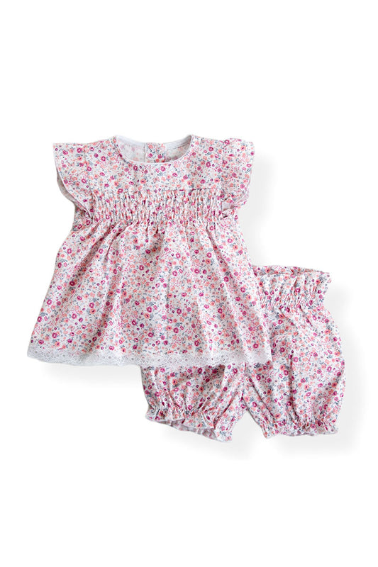 Completo in tela di cotone organico fantasia provenzale con punto smock e pizzo applicato