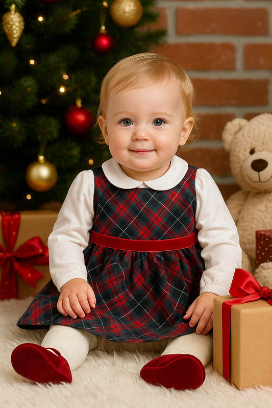 Vestitino smanicato in tessuto tartan con nastro in velluto body a camicia in  cotone elasticizzato garzato