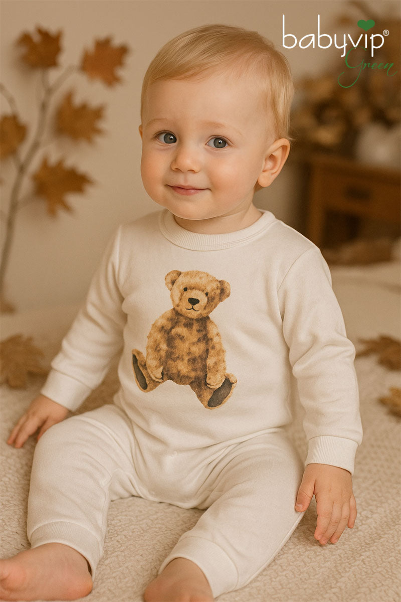 Tutone neonato in felpa organica garzata con stampa orsetto