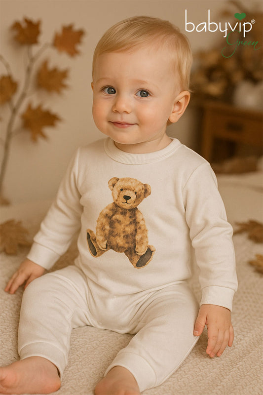 Tutone neonato in felpa organica garzata con stampa orsetto