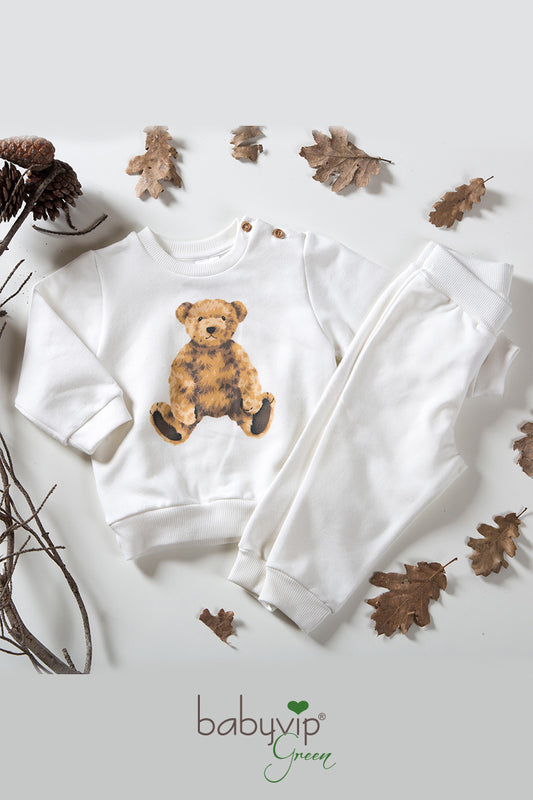 Completo 2 pezzi neonato in felpa organica garzata con stampa orsetto e bottoni su spalla in contrasto
