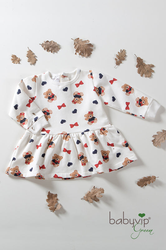 Vestitino neonata in felpa organica garzata fantasia orsetta con taglio e arricciatura