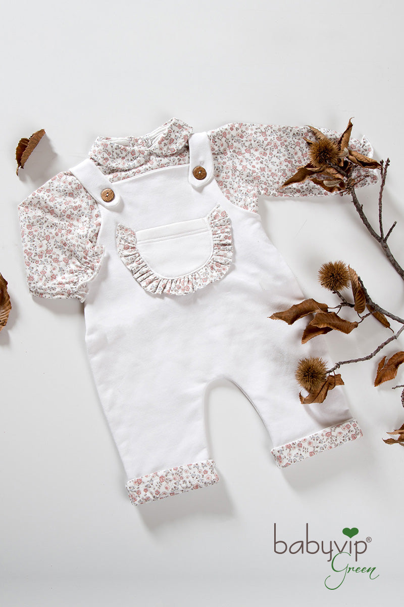 Completo 2 pezzi : Blusa in cotone fantasia floreale + Salopette in felpa garzata con tasca in cotone organico
