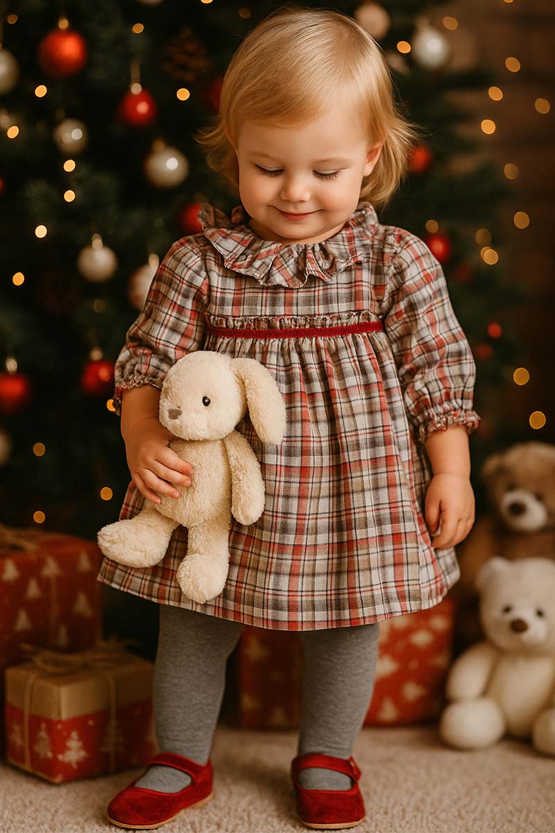 Vestitino in flanella scozzese con balza allo scollo maniche a sbuffo e taglio con rouches