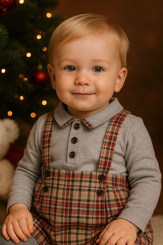 Body a camicia in cotone elasticizzato garzato con colletto, profilo in tessuto scozzese e bottoncini