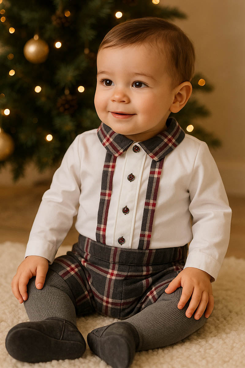 Body a camicia in cotone con colletto a profili in contrasto in flanella a quadri e bottoncini applicati