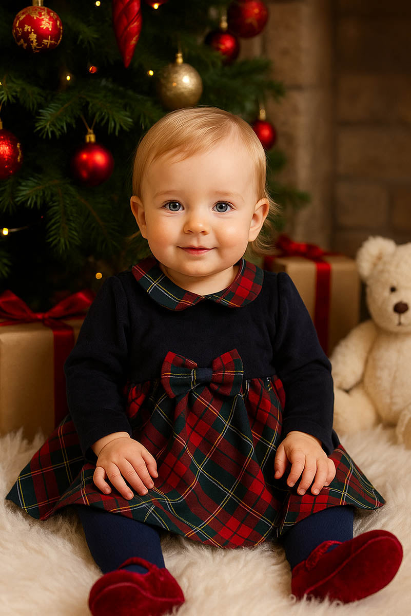 Vestitino in ciniglia con colletto in flanella scozzese + fiocco applicato e gonna arriciata