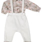 Completo 2 pezzi : Pantalone in velluto con bretelle + body a camicia fantasia