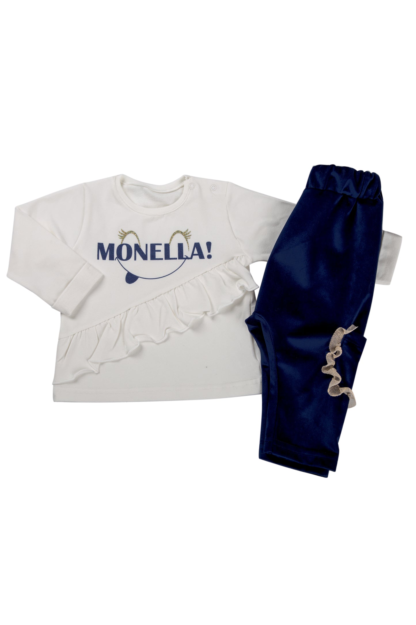 Completo 2 pezzi : Maglia in cotone elasticizzato garzato con stampa + pantalone in velluto a coste