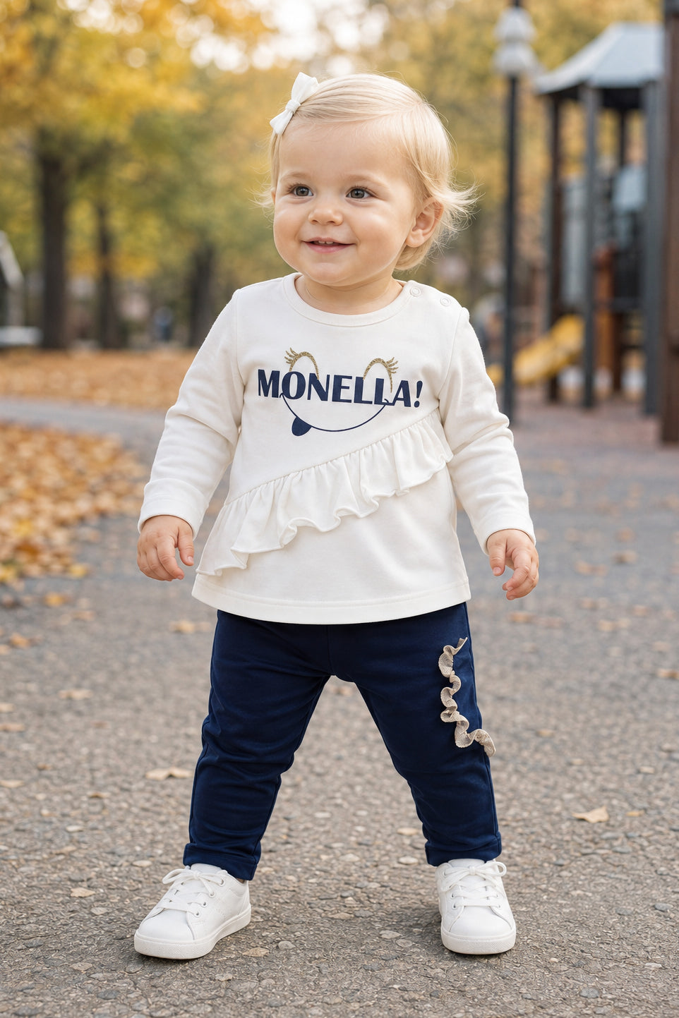 Completo 2 pezzi : Maglia in cotone elasticizzato garzato con stampa + pantalone in velluto a coste