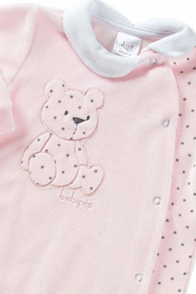 Tutina in ciniglia con apertura anteriore laterale e inserti a pois con ricamo