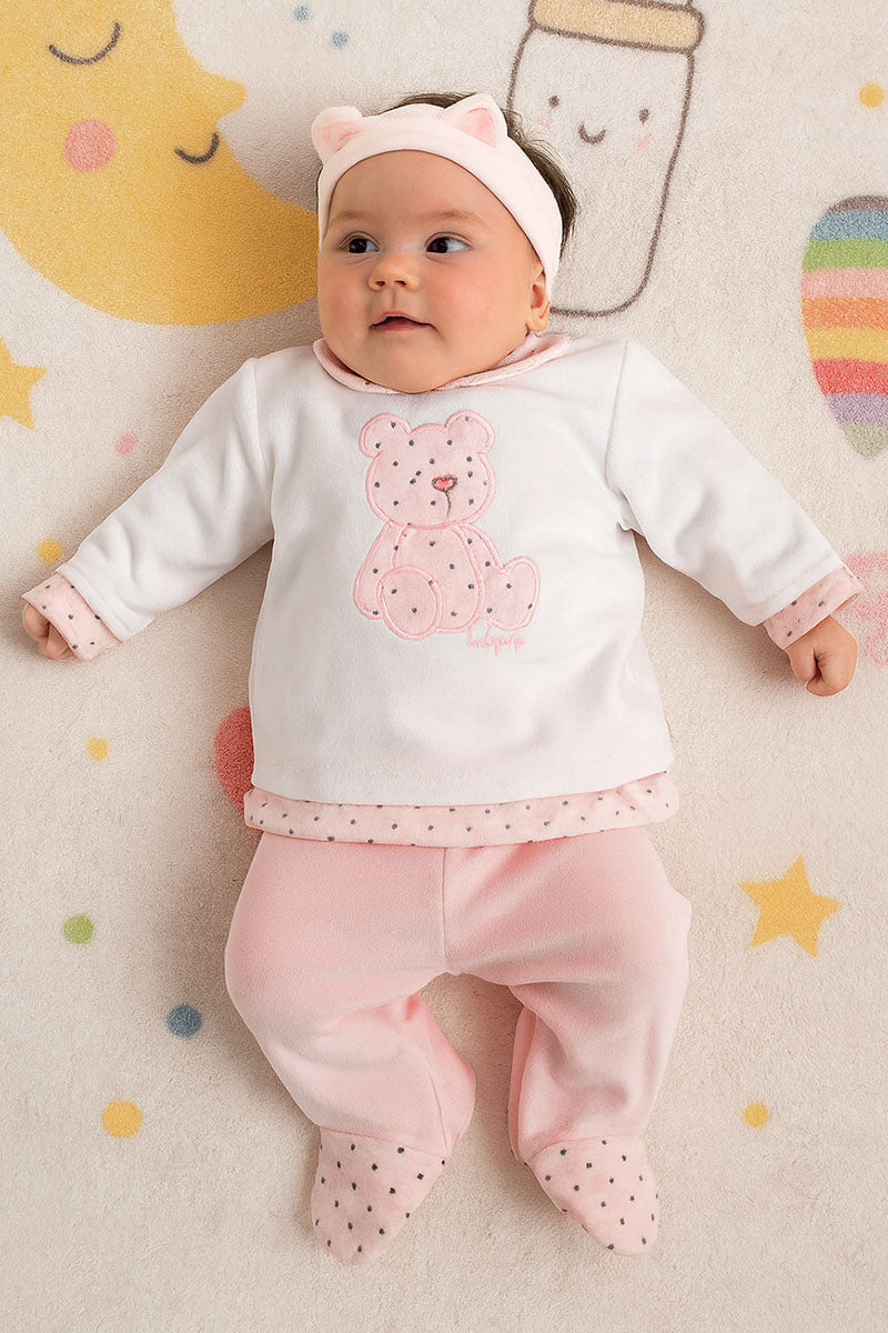 Completo 2 pezzi in ciniglia in ciniglia con inserti a pois e ricamo