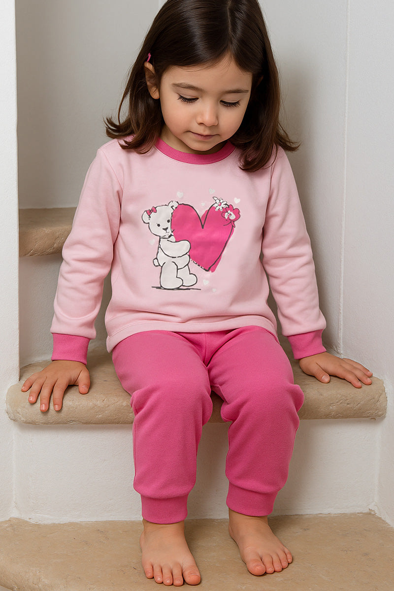 Pigiama in caldo cotone con stampa e scollo - pantalone in contrasto