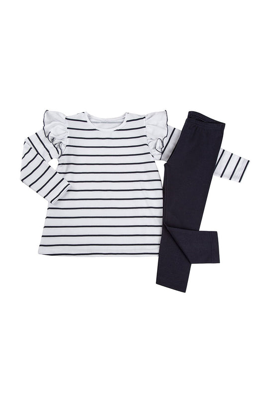 Completo manica lunga in cotone elasticizzato rigato con leggings in contrasto