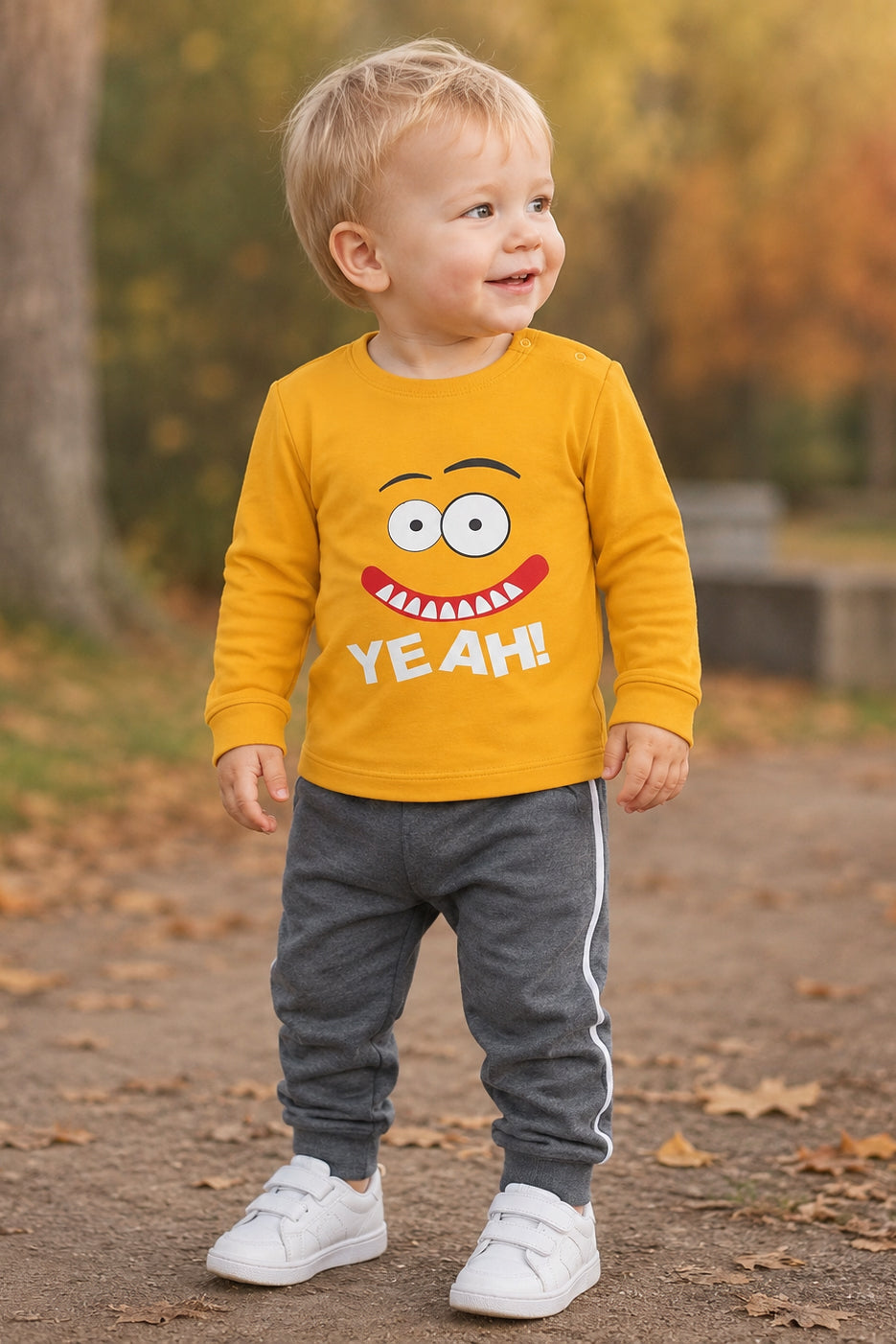 Completo: maglia in cotone elasticizzato garzato con stampa e pantalone in felpa garzata con bande