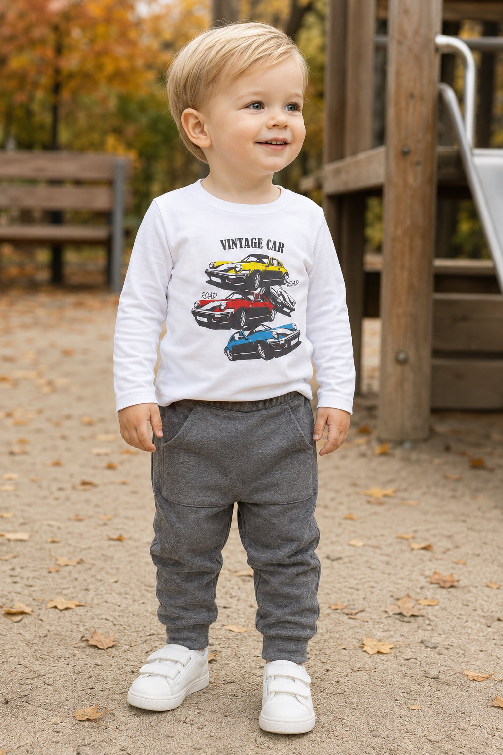 Completo: maglia in cotone con stampa e pantalone in felpa garzata con tascone