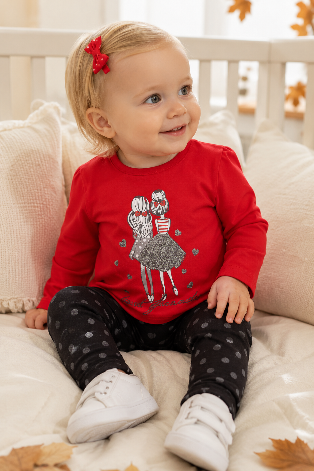Completo: maglia in cotone elasticizzato garzato con stampa, glitter e leggings con stampa pois glitter