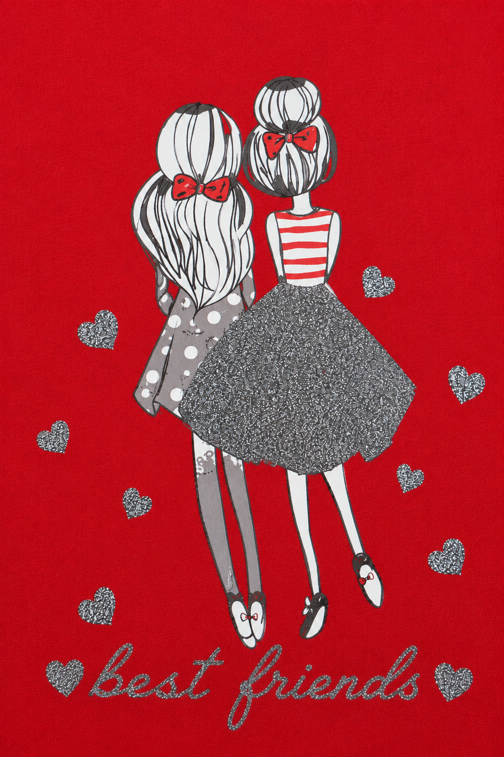 Completo: maglia in cotone elasticizzato garzato con stampa, glitter e leggings con stampa pois glitter