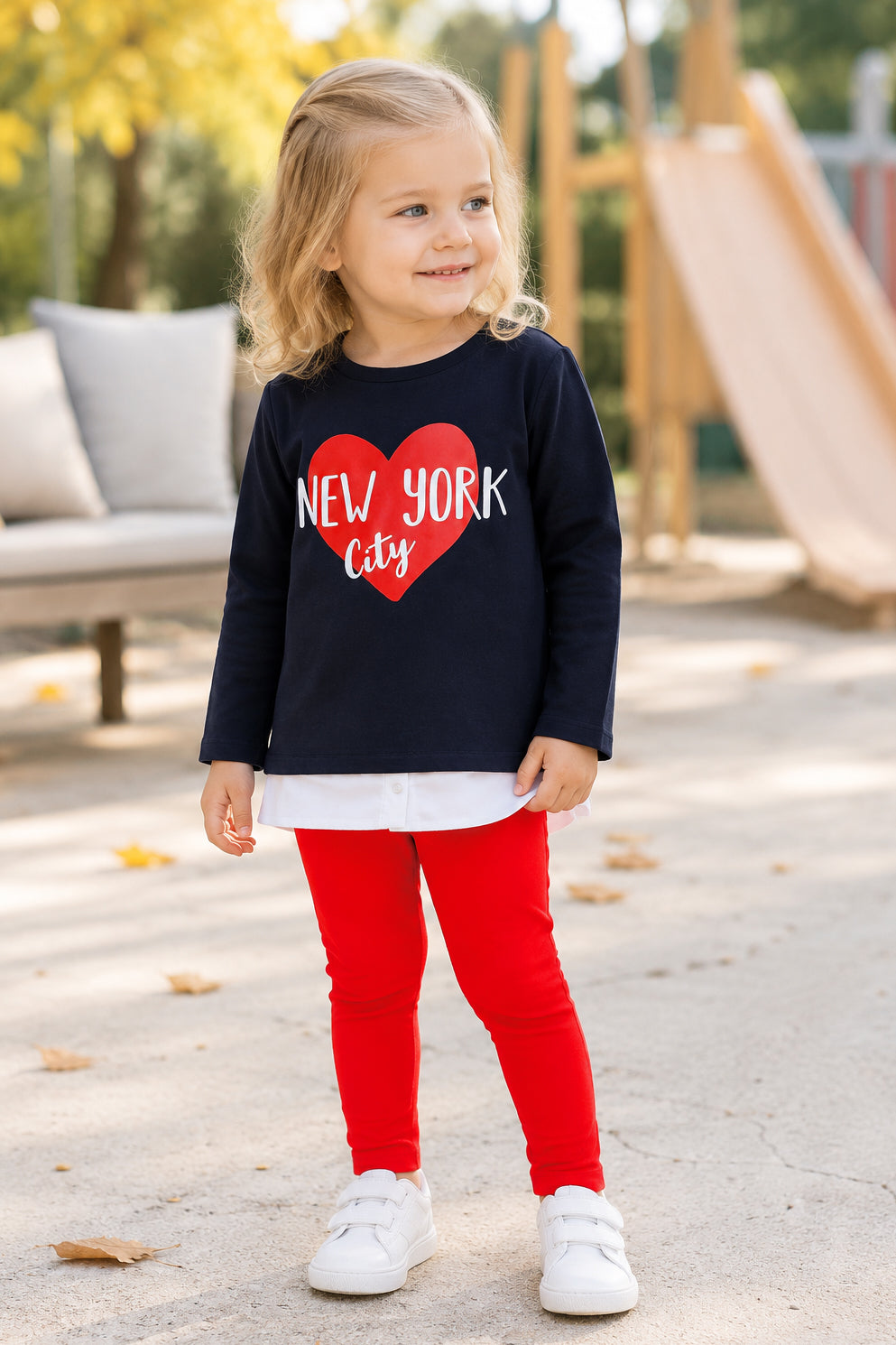 Completo in cotone elasticizzato garzato con stampa inserto finta camicia sul fondo e leggings in contrasto