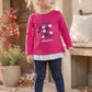 Completo: maglia in cotone elasticizzato garzato con stampa, strass e balza con leggings effetto jeans elasticizzato a pois