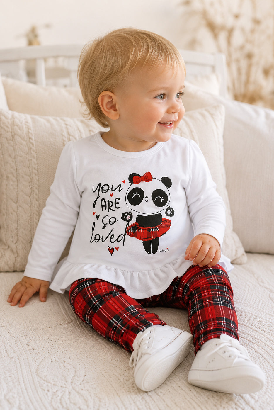 Completo: maglia in cotone elasticizzato garzato con stampa, ricamo, nodino in velluto e leggings fantasia tartan