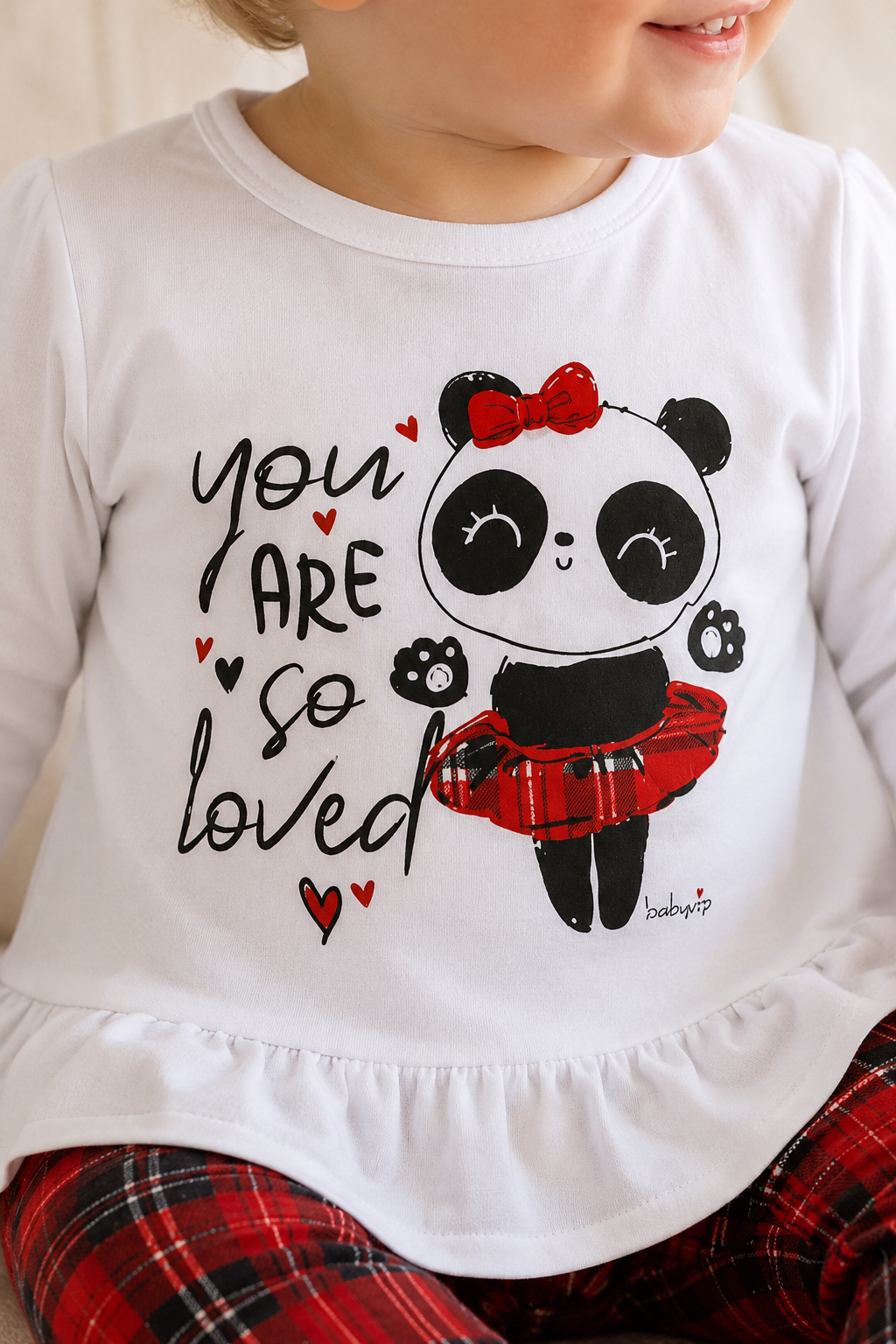 Completo: maglia in cotone elasticizzato garzato con stampa, ricamo, nodino in velluto e leggings fantasia tartan