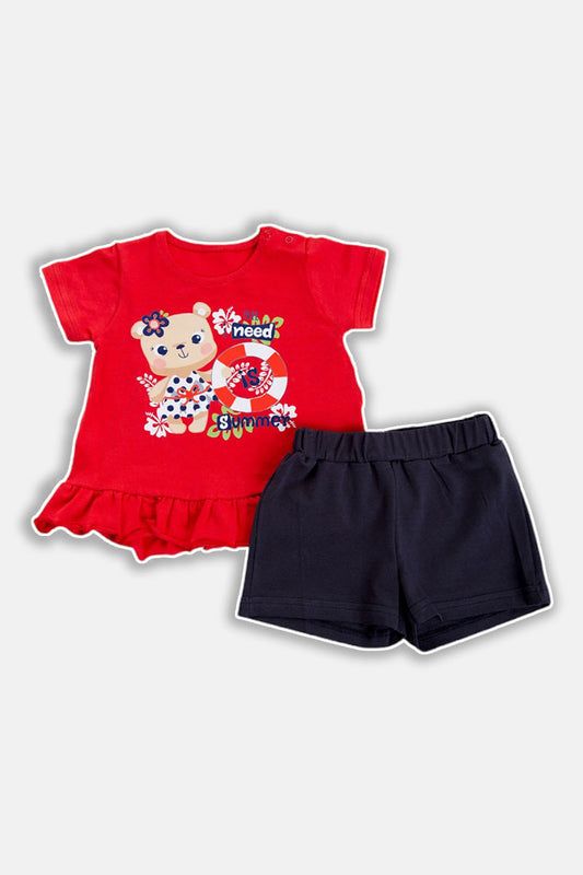 Completo 2 pezzi t-shirt mezza manica in cotone elasticizzato con stampa e balza + pantaloncino in contrasto