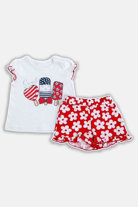 Completo 2 pezzi : T-shirt mezza manica in cotone con stampa, maniche a palloncino con profilo in contrasto + pantaloncino fantasia floreale con rouches sul fondo