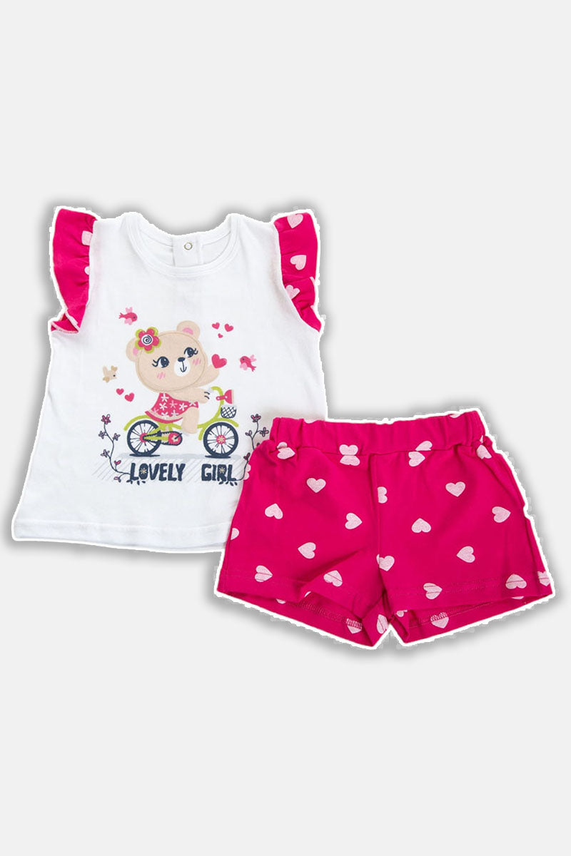 Completo 2 pezzi in cotone con maniche ad aletta, stampa e pantaloncino in cotone elasticizzato fantasia cuori