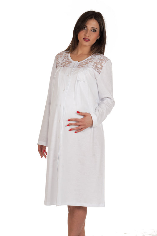 Camicia clinica in cotone a manica lunga aperta davanti con inserto in pizzo