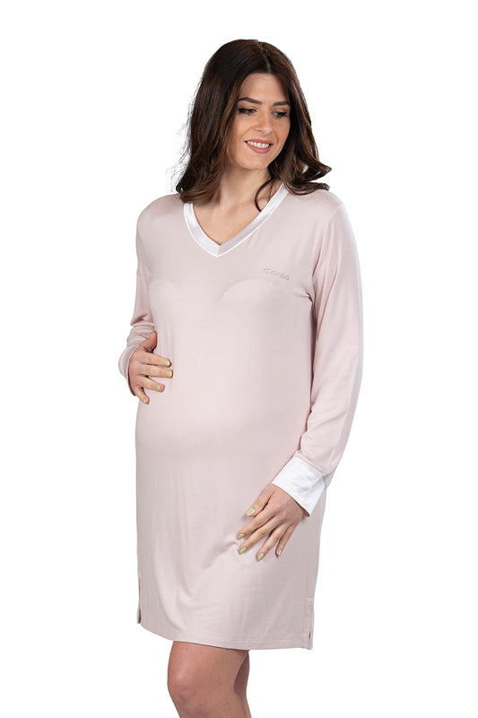 Camicia da notte manica lunga premaman scollo a V con profili in raso