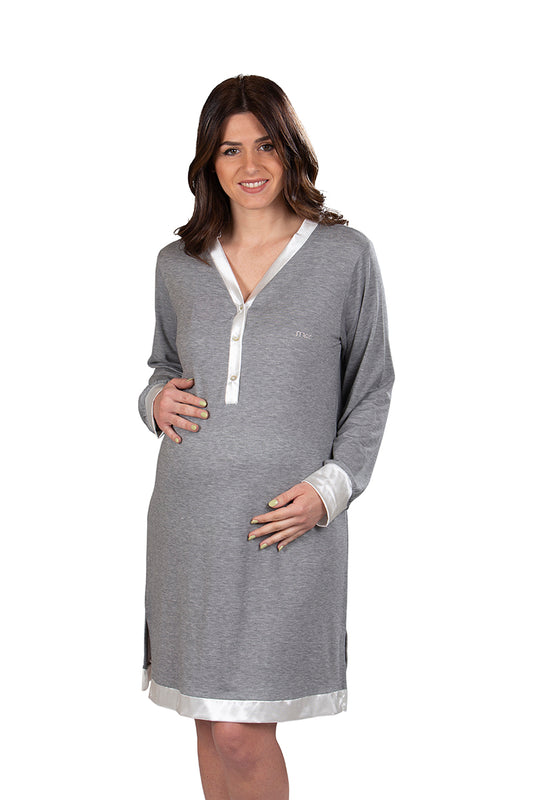 Camicia da notte manica lunga premaman modello serafino con profili in raso