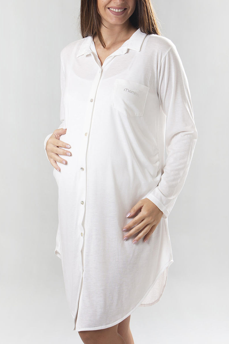 Camicia clinica aperta davanti manica lunga con colletto e strass