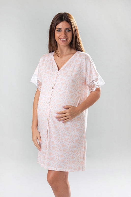 Camicia da notte mezza manica aperta davanti fantasia floreale con pizzo