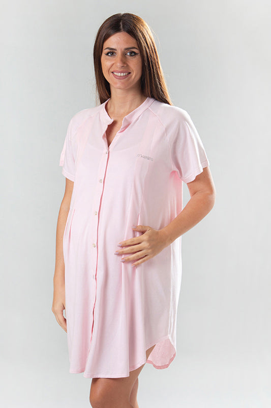 Camicia da notte clinica a mezza manica in cotone aperta davanti con collo coreano e strass