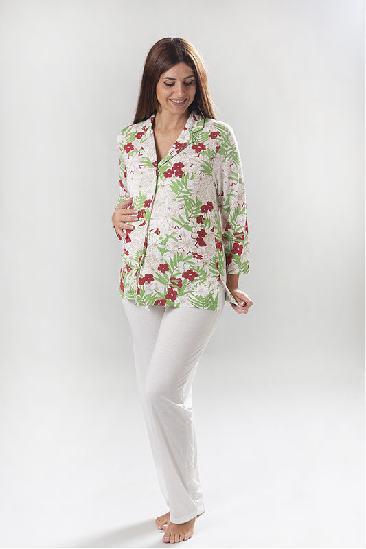 Pigiama pre-post parto manica lunga fantasia floreale e pantalone con coulisse