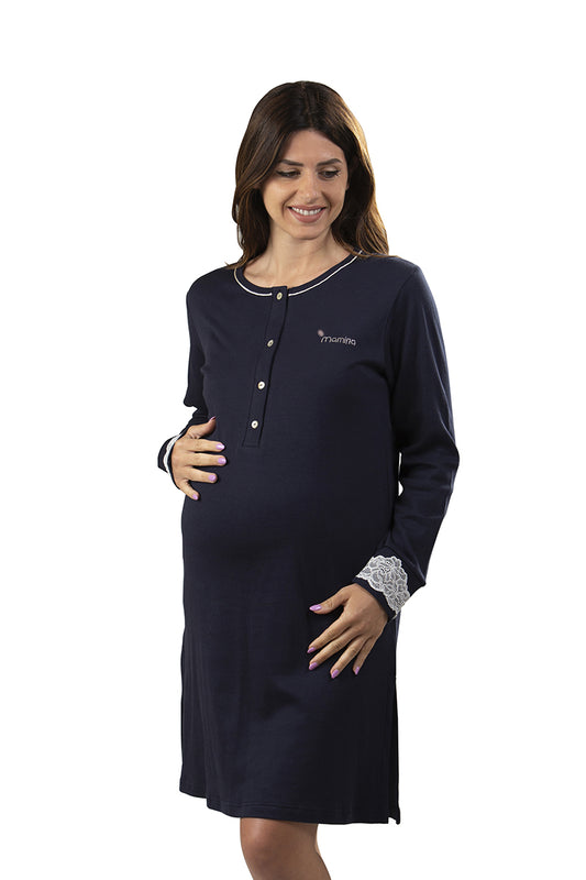 Camicia da notte premaman modello serafino manica lunga con pizzo e strass