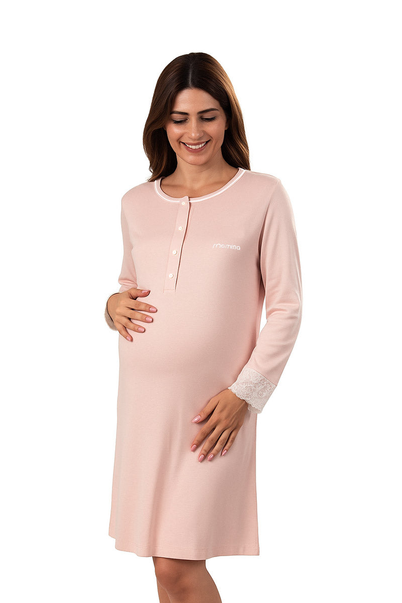 Camicia da notte premaman modello serafino manica lunga con pizzo e strass