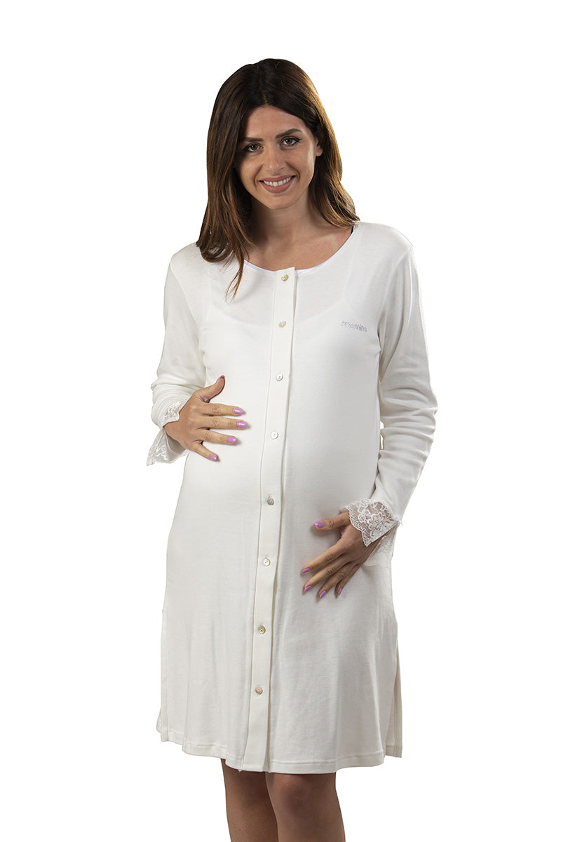 Camicia clinica aperta davanti manica lunga in cotone con pizzo e strass