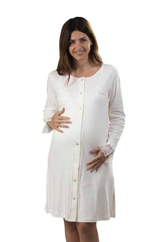 Camicia clinica aperta davanti manica lunga in cotone con pizzo e strass