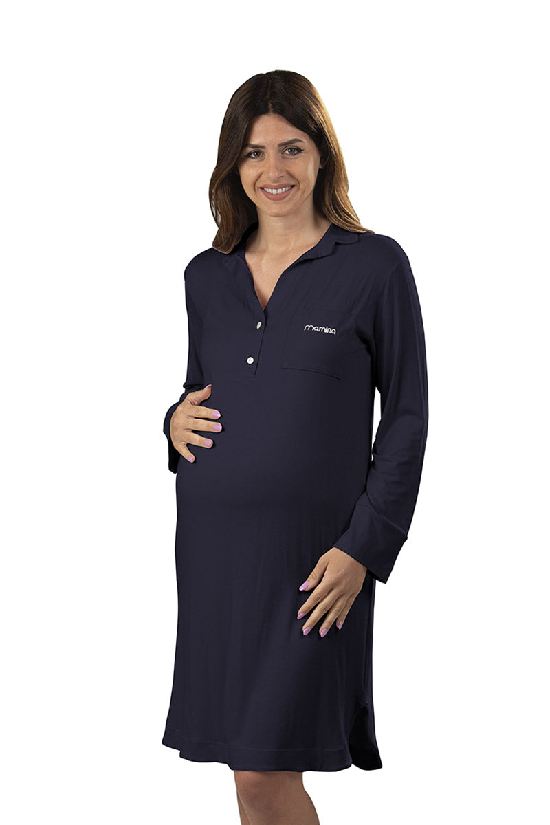 Camicia da notte manica lunga premaman modello serafino con taschino lato cuore e strass