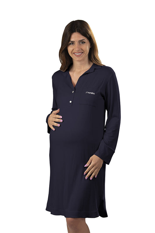 Camicia da notte manica lunga premaman modello serafino con taschino lato cuore e strass