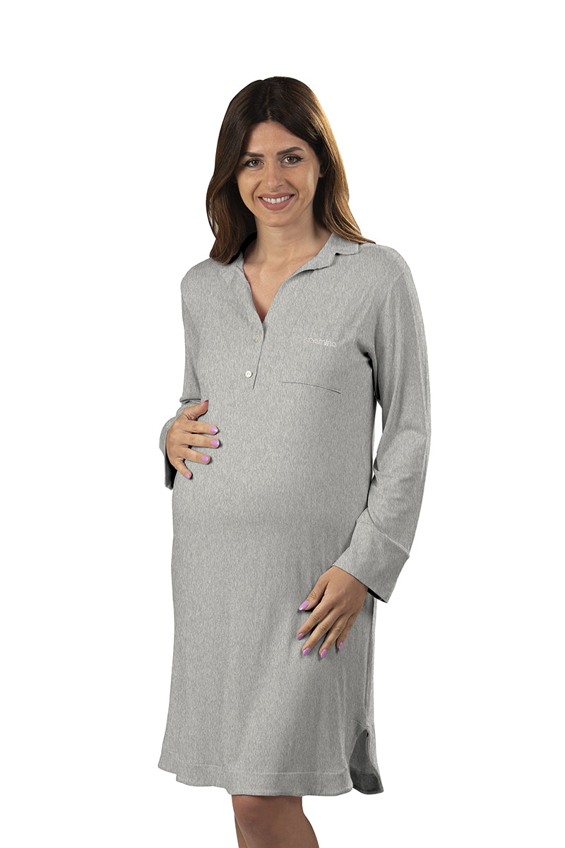 Camicia da notte manica lunga premaman modello serafino con taschino lato cuore e strass