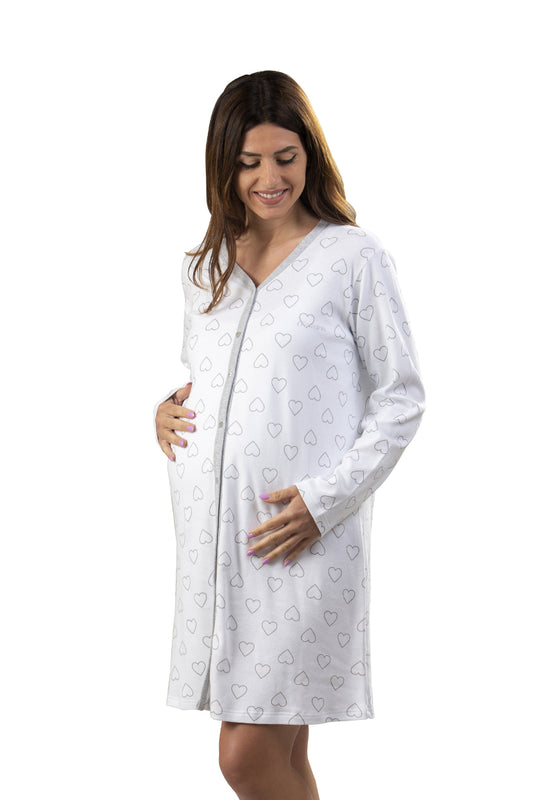 Camicia clinica aperta davanti manica lunga con fantasia cuori