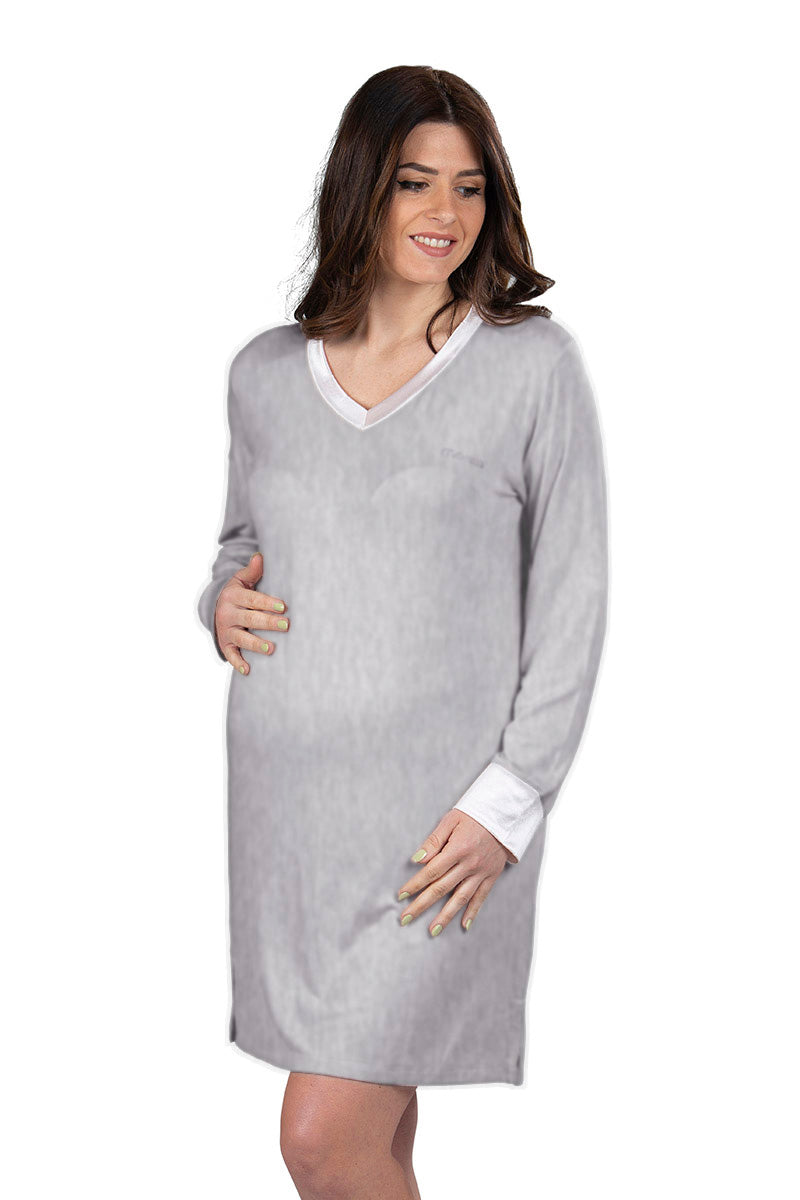 Camicia da notte manica lunga premaman scollo a V con profili in raso