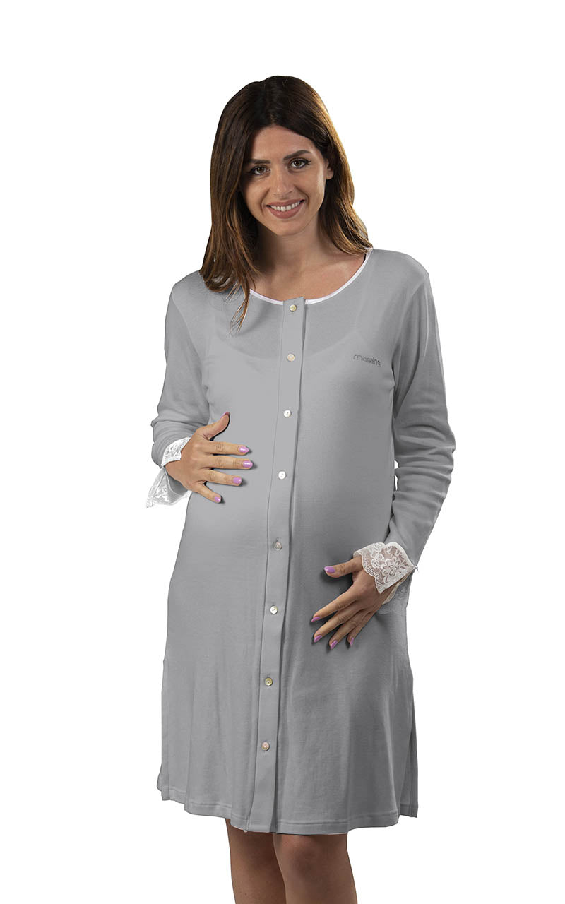 Camicia clinica aperta davanti manica lunga in cotone con pizzo e strass