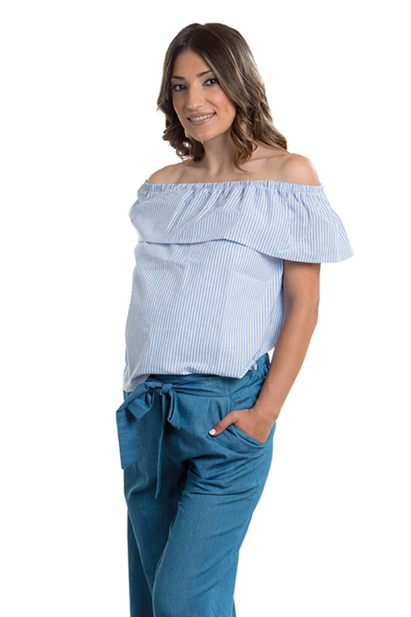 Top in tela di cotone rigata con balza elastica