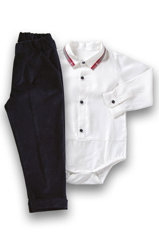 Completo 2 pezzi : body a camicia in flanella con profilo francese + pantalone in velluto millerighe