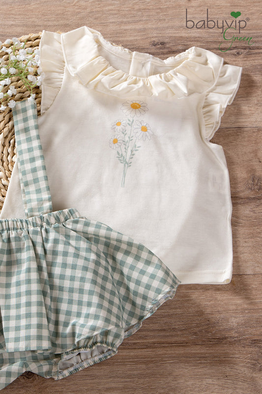 T-shirt neonata in cotone organico con  stampa e alette con balza sullo scollo