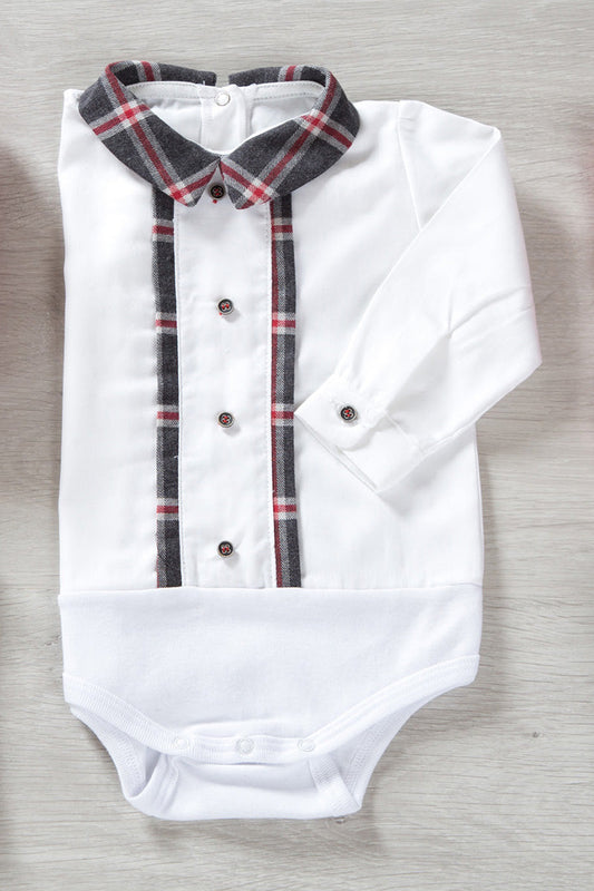 Body a camicia in cotone con colletto a profili in contrasto in flanella a quadri e bottoncini applicati